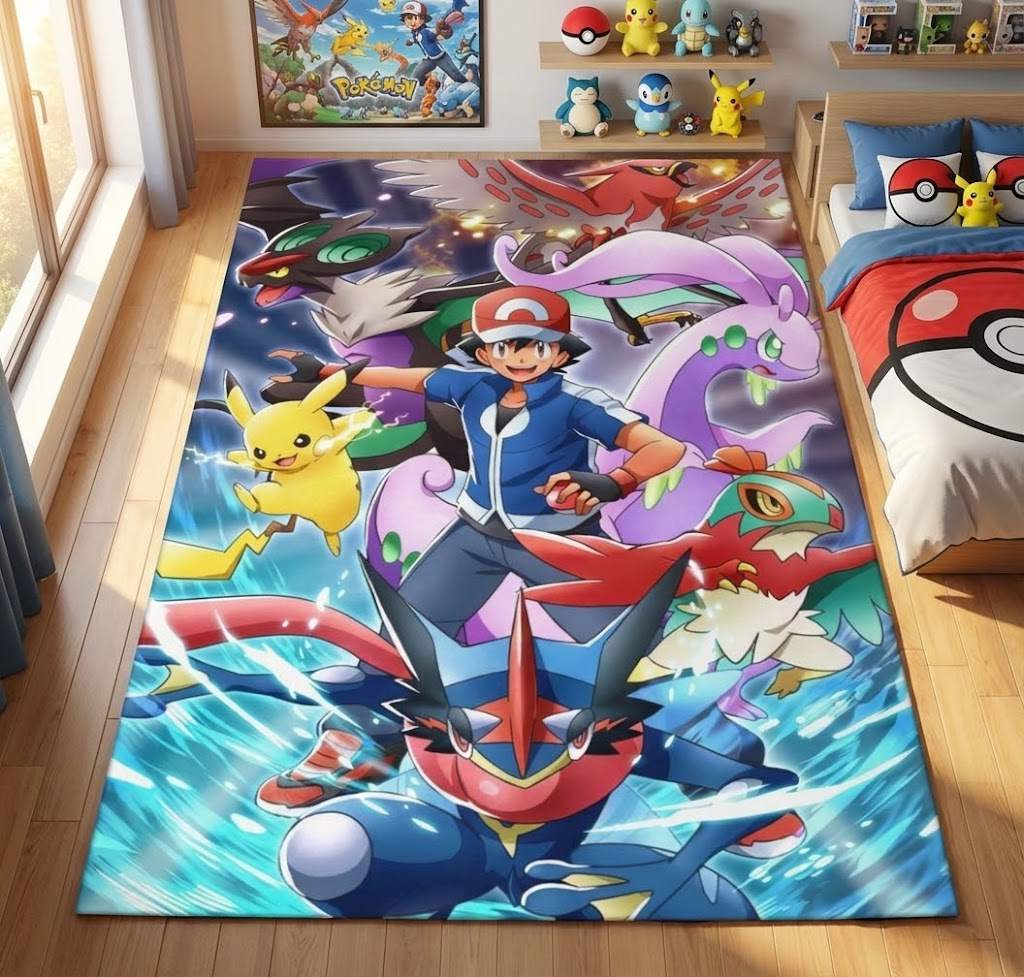 All Pokemon Characters Area Rug, Non-Slip Living Room Floor Mat, Soft Bedroom Carpet, Washable Home Decor