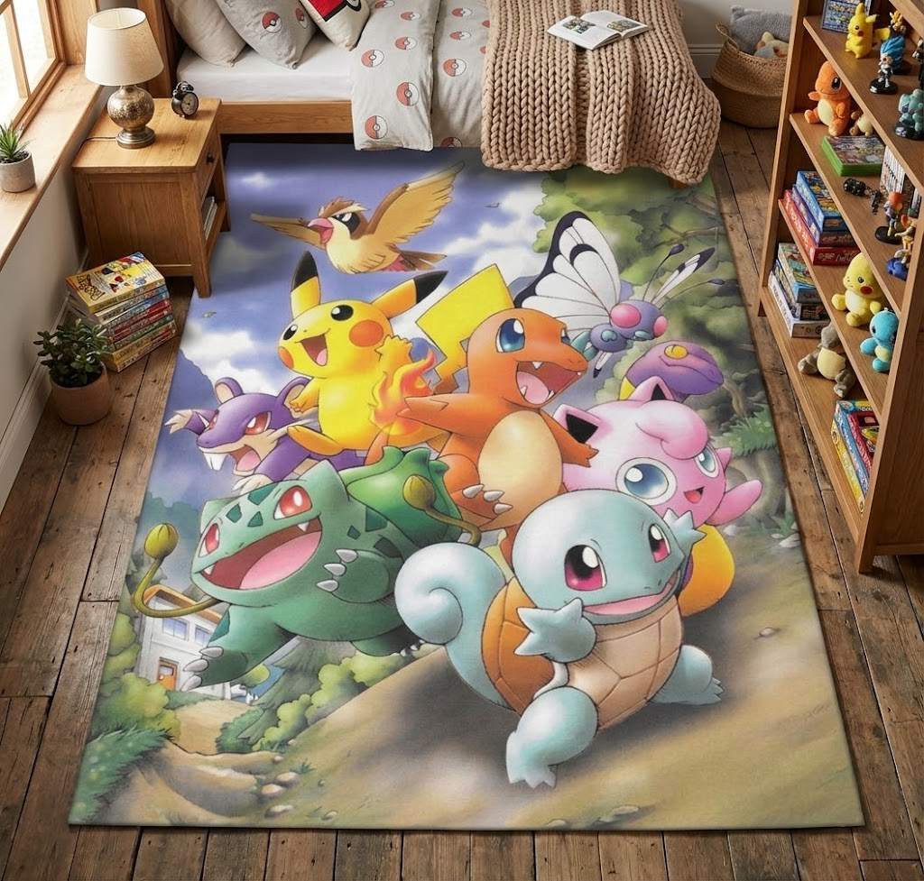 All Pokemon happy Area Rug, Non-Slip Living Room Floor Mat, Soft Bedroom Carpet, Washable Home Decor