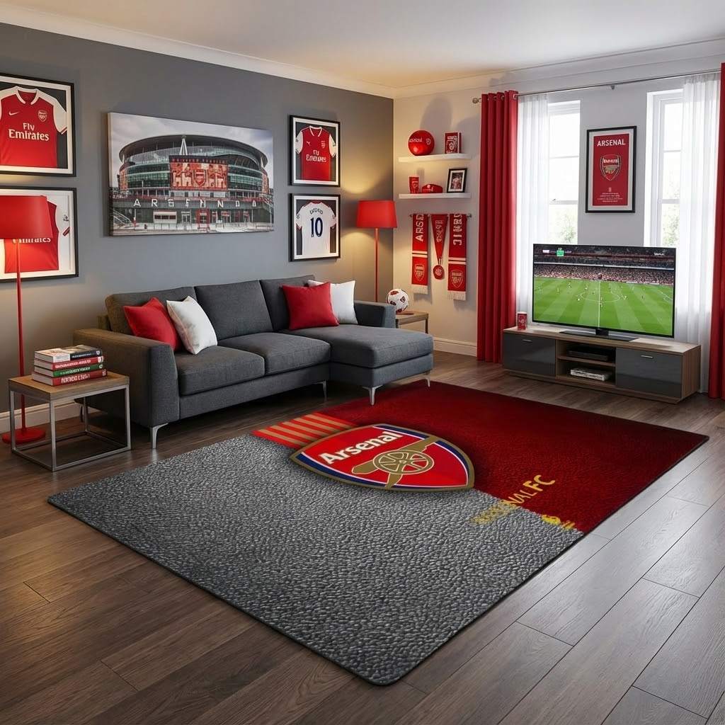 Arsenal FC Premier League Red Background Carpet Area Rug, Non-Slip Living Room Floor Mat, Soft Bedroom Carpet, Washable Home Decor
