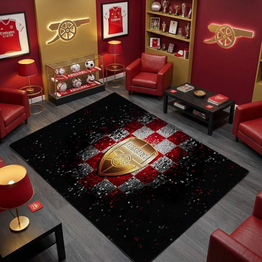 Arsenal FC Signature Diamond Pattern Carpet Area Rug, Non-Slip Living Room Floor Mat, Soft Bedroom Carpet, Washable Home Decor