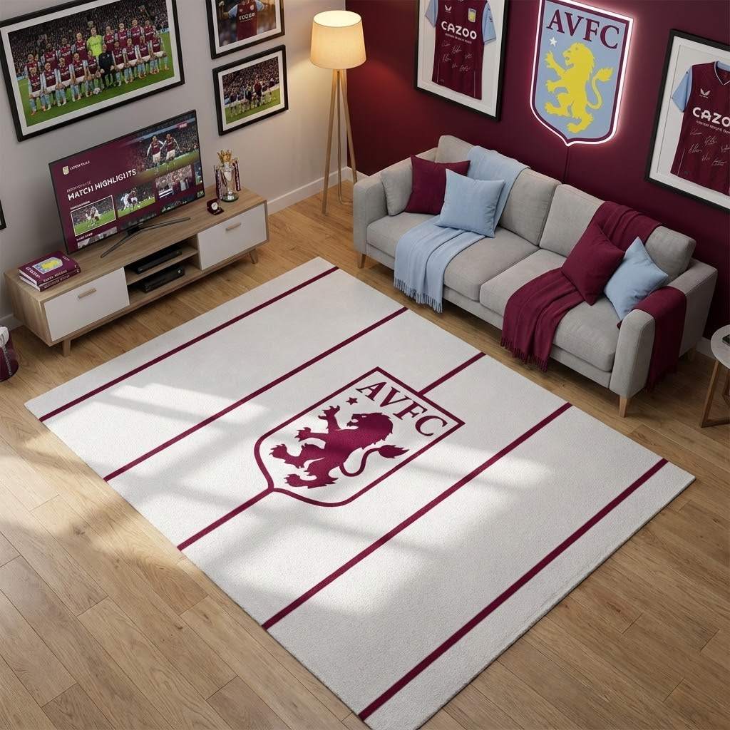 Aston Villa FC 1874 AVFC Football Club White Red Carpet Area Rug, Non-Slip Living Room Floor Mat, Soft Bedroom Carpet, Washable Home Decor