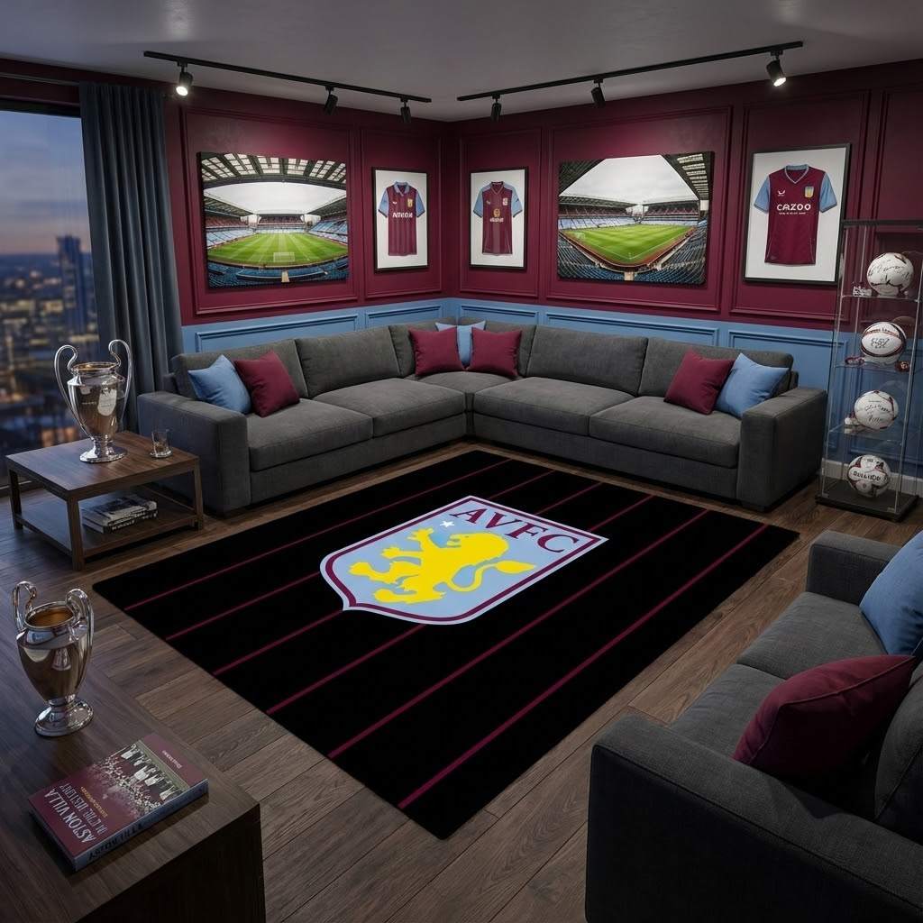 Aston Villa FC 1874 Football Club Black Red Carpet Area Rug, Non-Slip Living Room Floor Mat, Soft Bedroom Carpet, Washable Home Decor