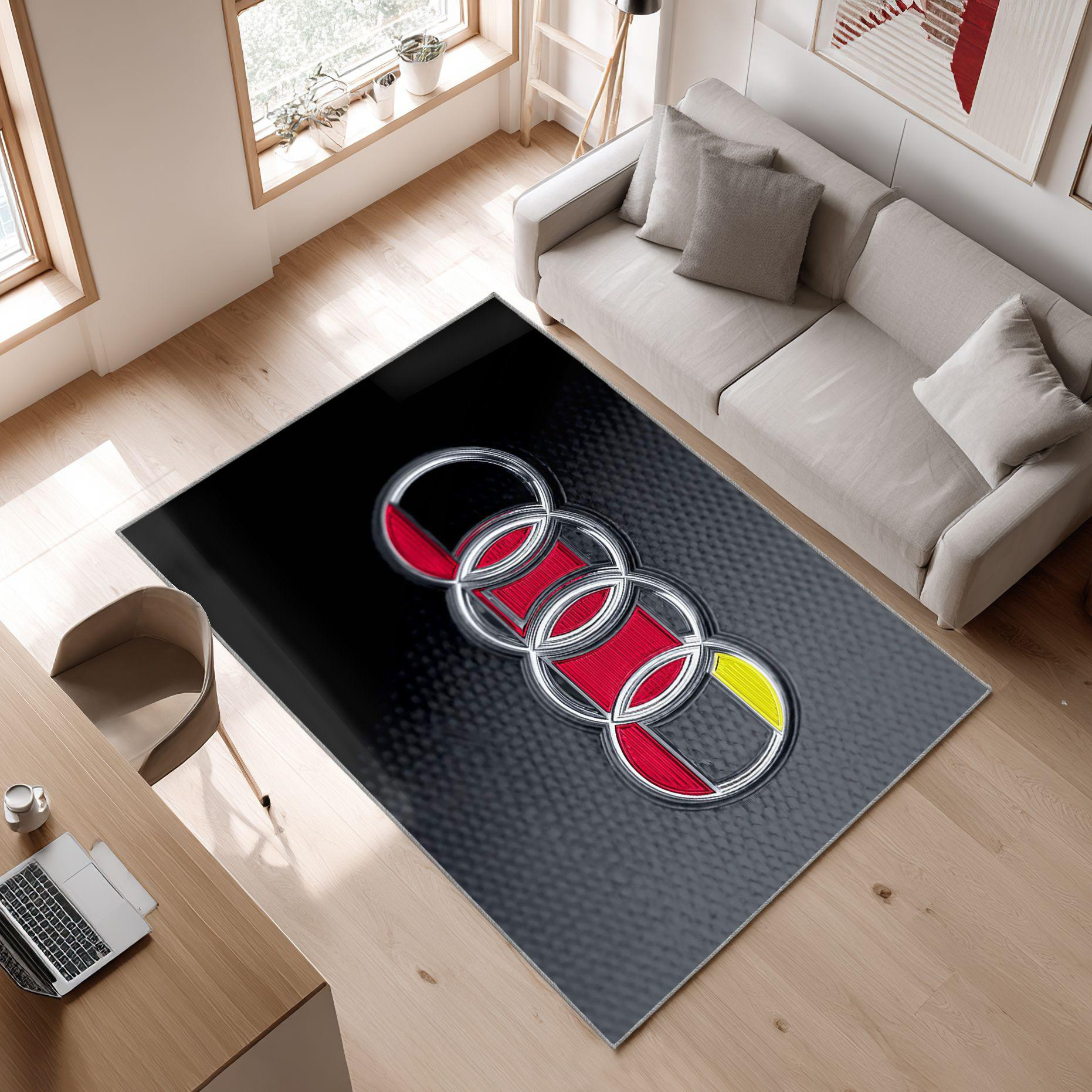 AUDI emblem carpet black motif 120 Area Rug, Non-Slip Living Room Floor Mat, Soft Bedroom Carpet, Washable Home Decor