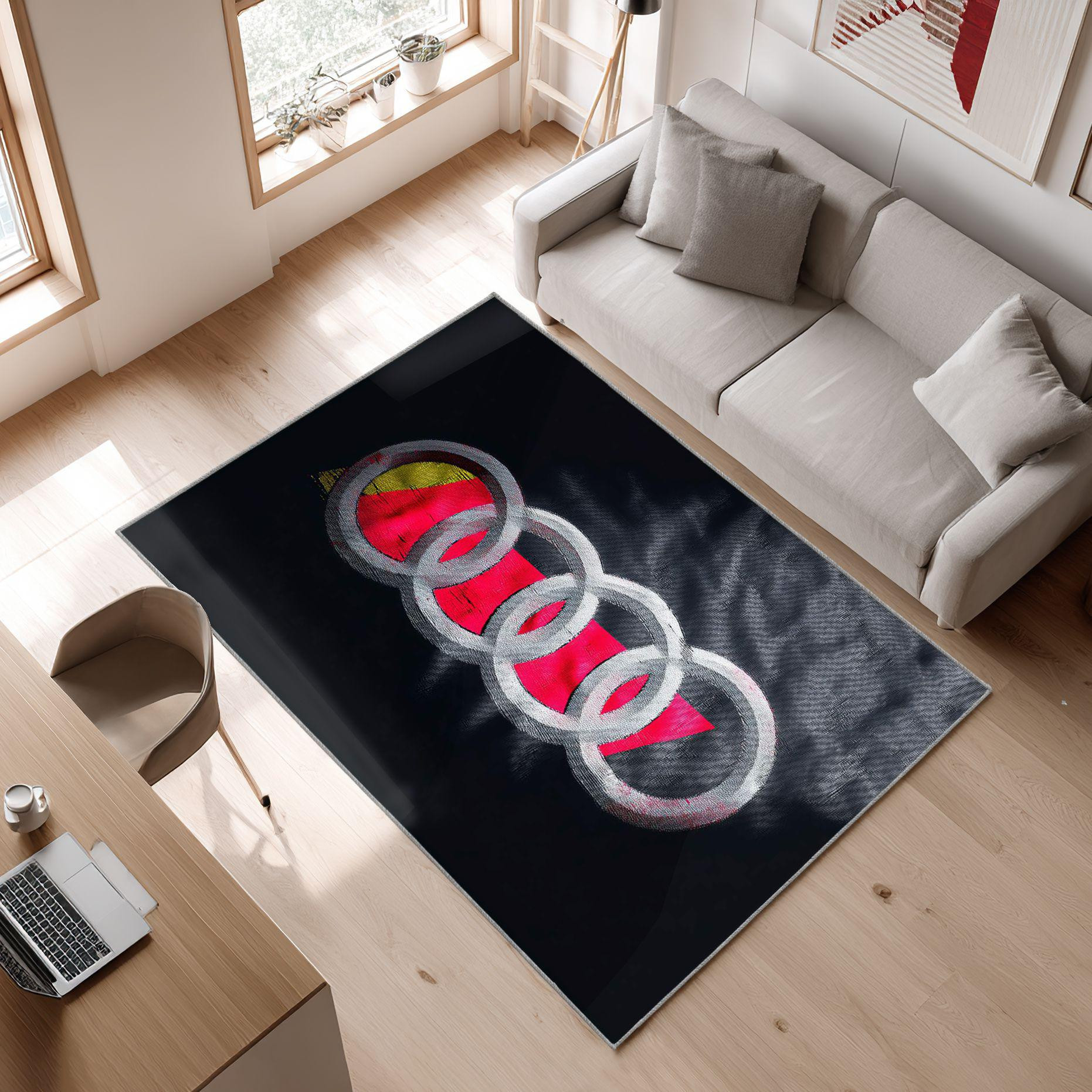 AUDI emblem carpet black motif 138 Area Rug, Non-Slip Living Room Floor Mat, Soft Bedroom Carpet, Washable Home Decor