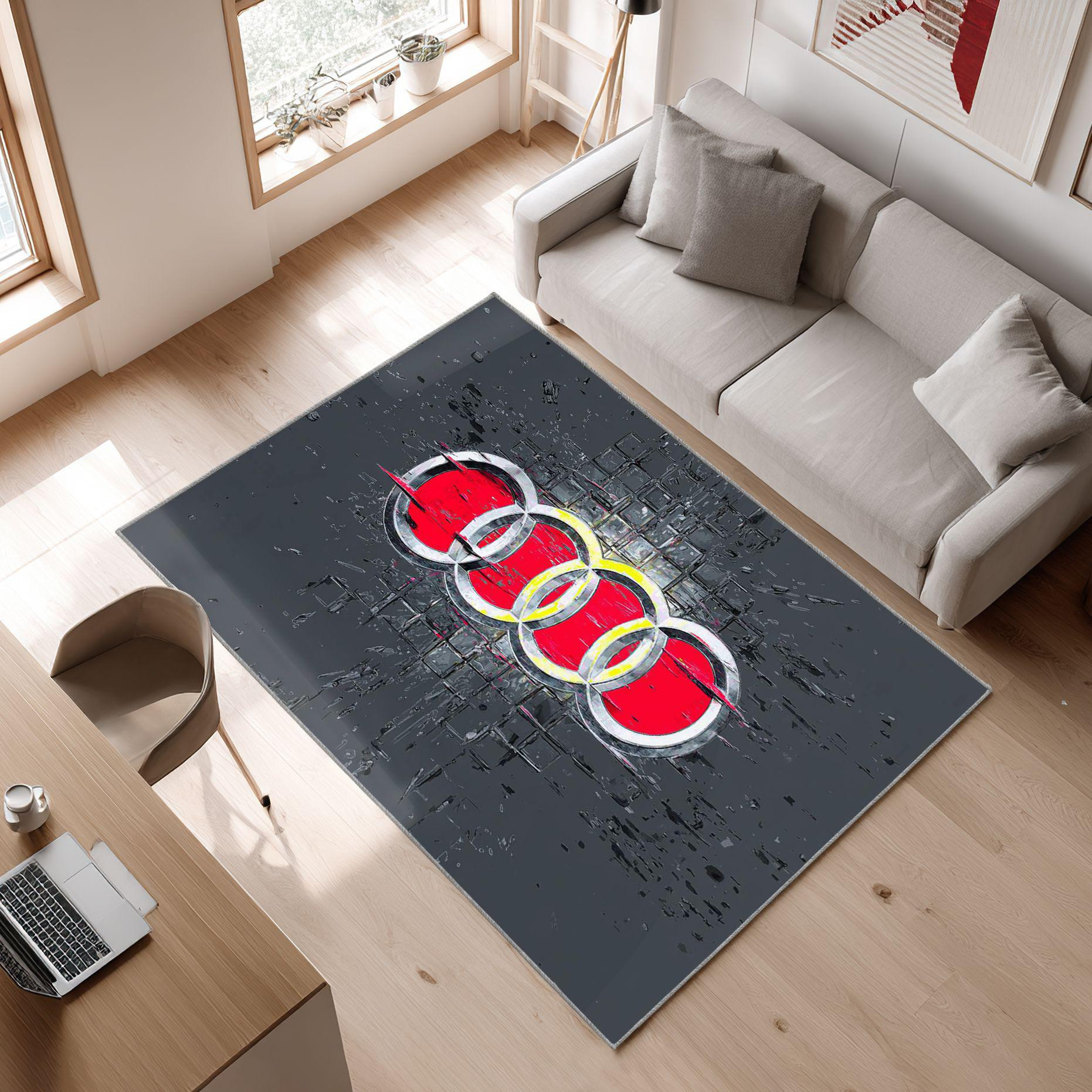 AUDI emblem carpet dark style 63 Area Rug, Non-Slip Living Room Floor Mat, Soft Bedroom Carpet, Washable Home Decor