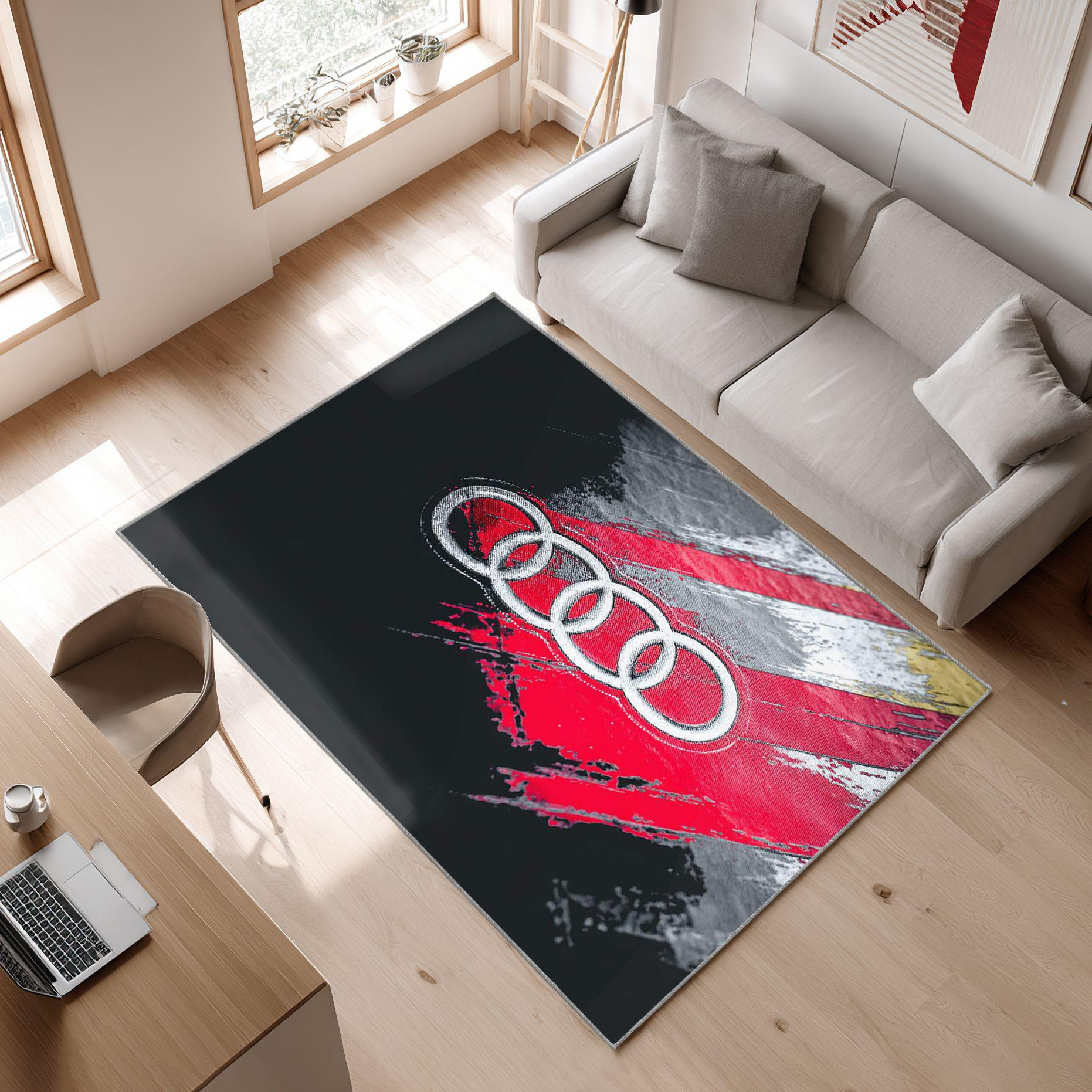 AUDI emblem carpet dark style 81 Area Rug, Non-Slip Living Room Floor Mat, Soft Bedroom Carpet, Washable Home Decor
