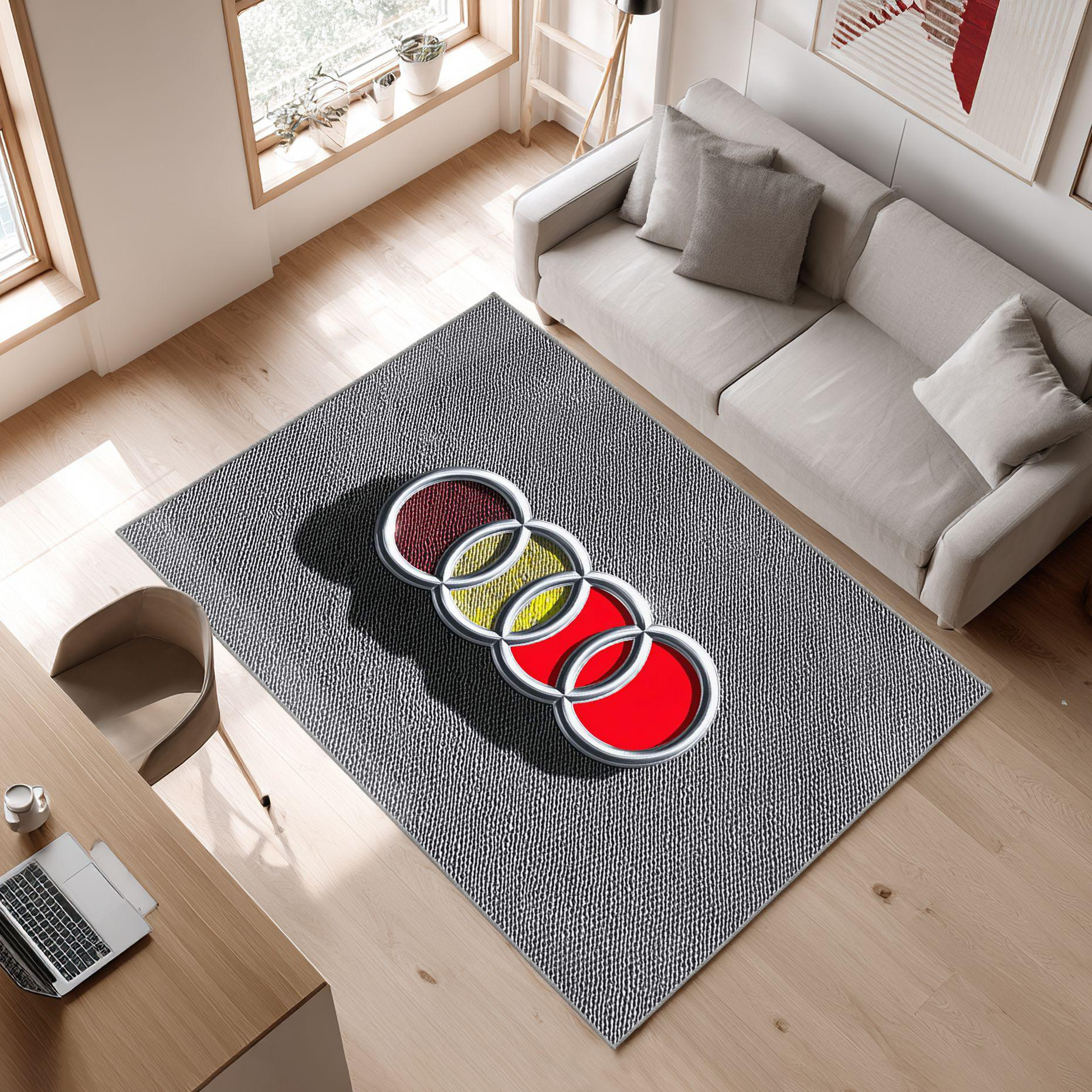 AUDI emblem carpet in gray 93 Area Rug, Non-Slip Living Room Floor Mat, Soft Bedroom Carpet, Washable Home Decor
