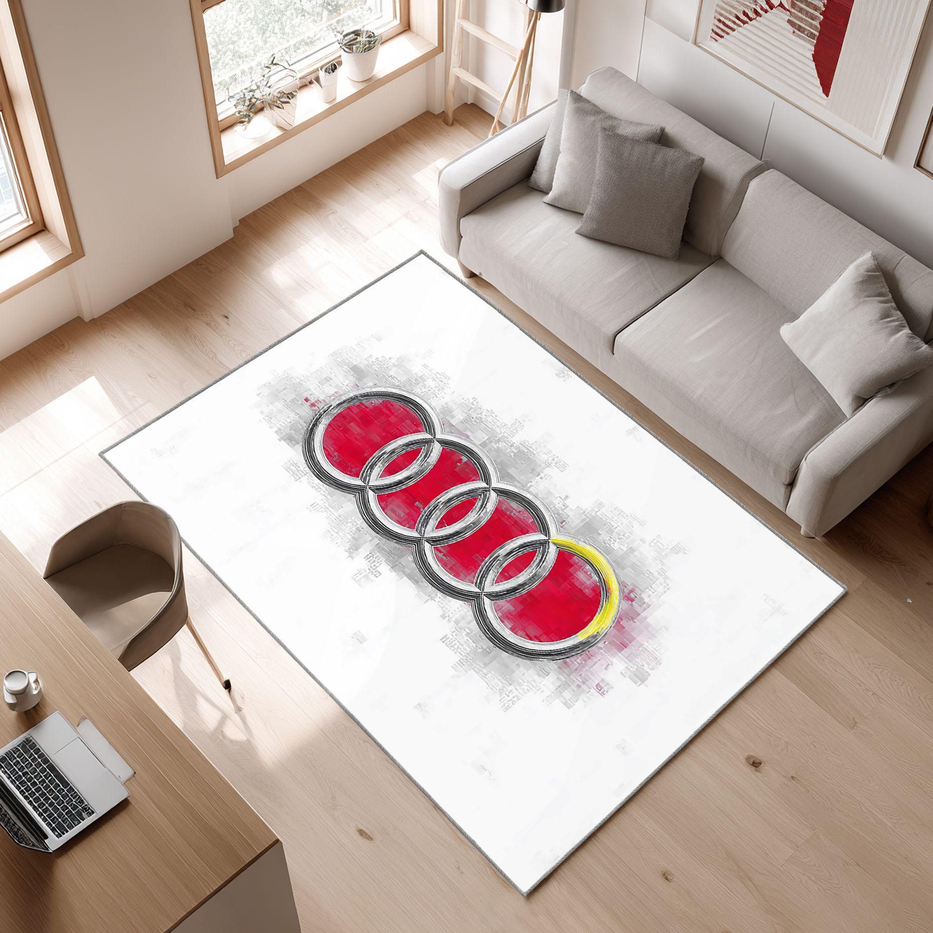 AUDI emblem carpet in white 54 Area Rug, Non-Slip Living Room Floor Mat, Soft Bedroom Carpet, Washable Home Decor