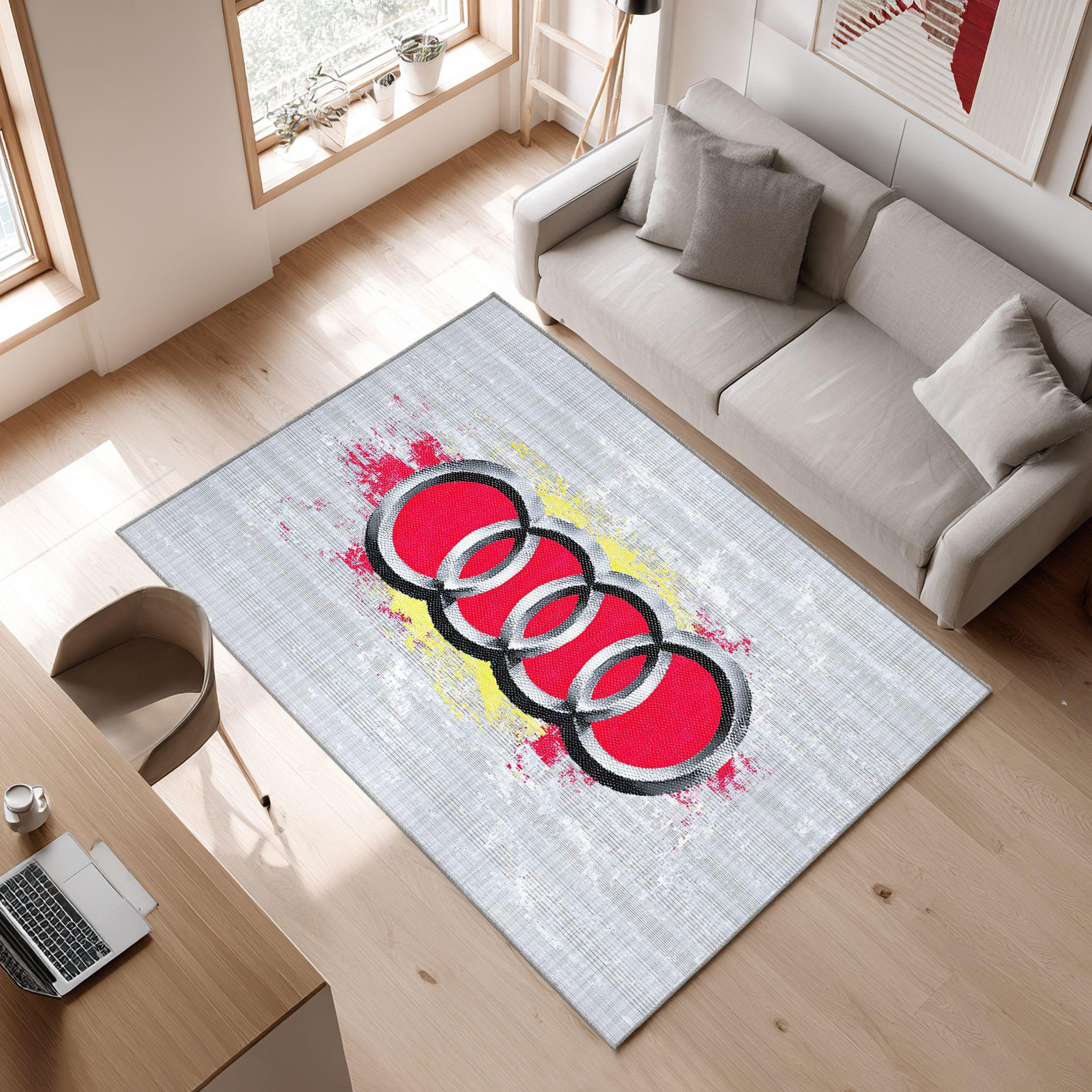 AUDI emblem carpet in white 65 Area Rug, Non-Slip Living Room Floor Mat, Soft Bedroom Carpet, Washable Home Decor