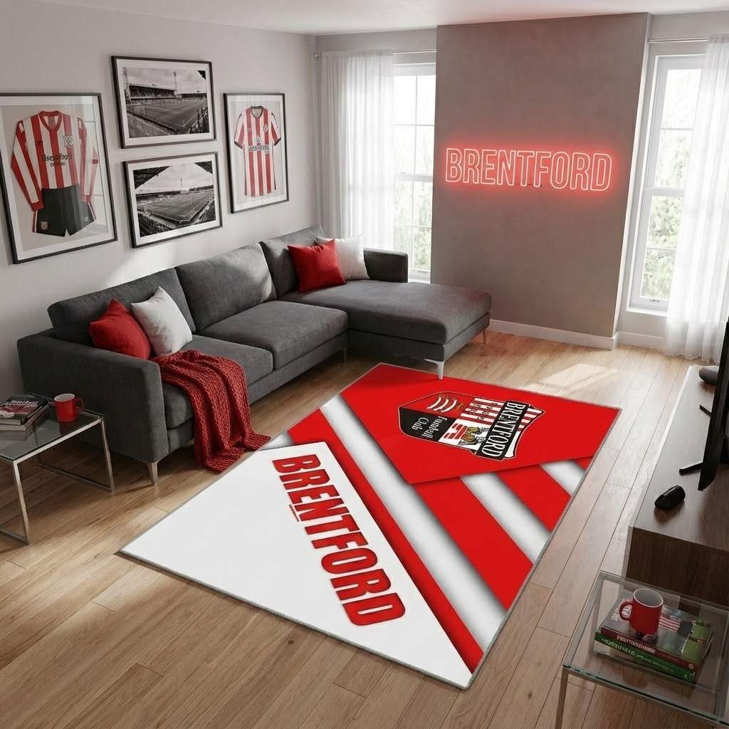 Brentford Fc, Red White Ionenglish Football Club Carpet Area Rug, Non-Slip Living Room Floor Mat, Soft Bedroom Carpet, Washable Home Decor