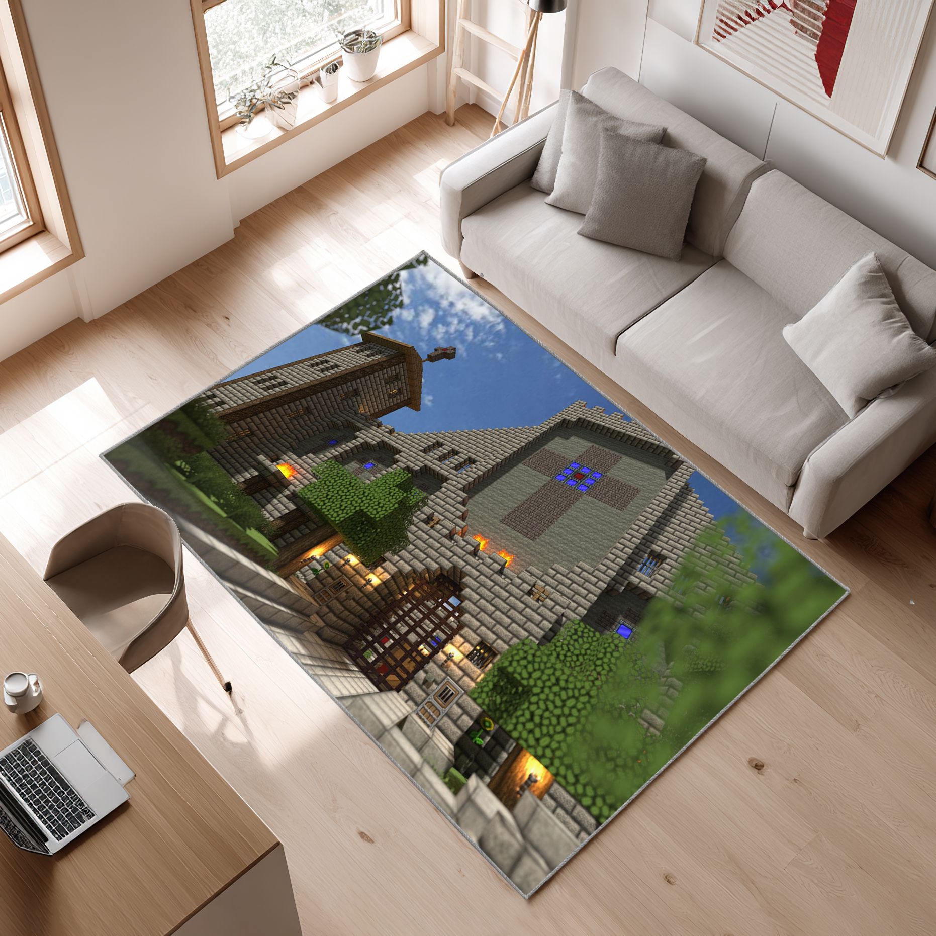 Castle In Minecraft Area Rug, Non-Slip Living Room Floor Mat, Soft Bedroom Carpet, Washable Home Decor