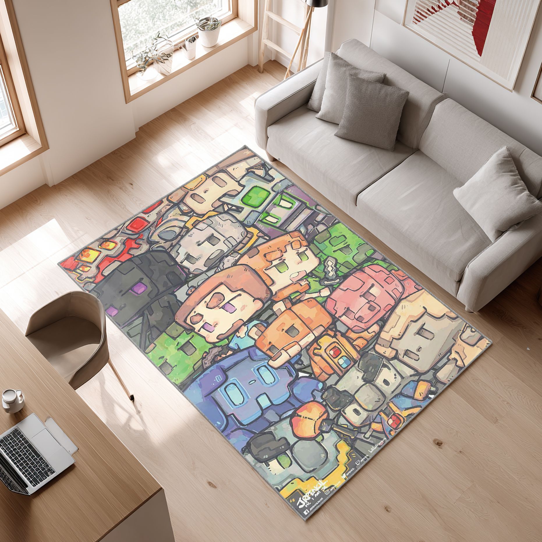 Chibi Minecraft Comic Area Rug, Non-Slip Living Room Floor Mat, Soft Bedroom Carpet, Washable Home Decor