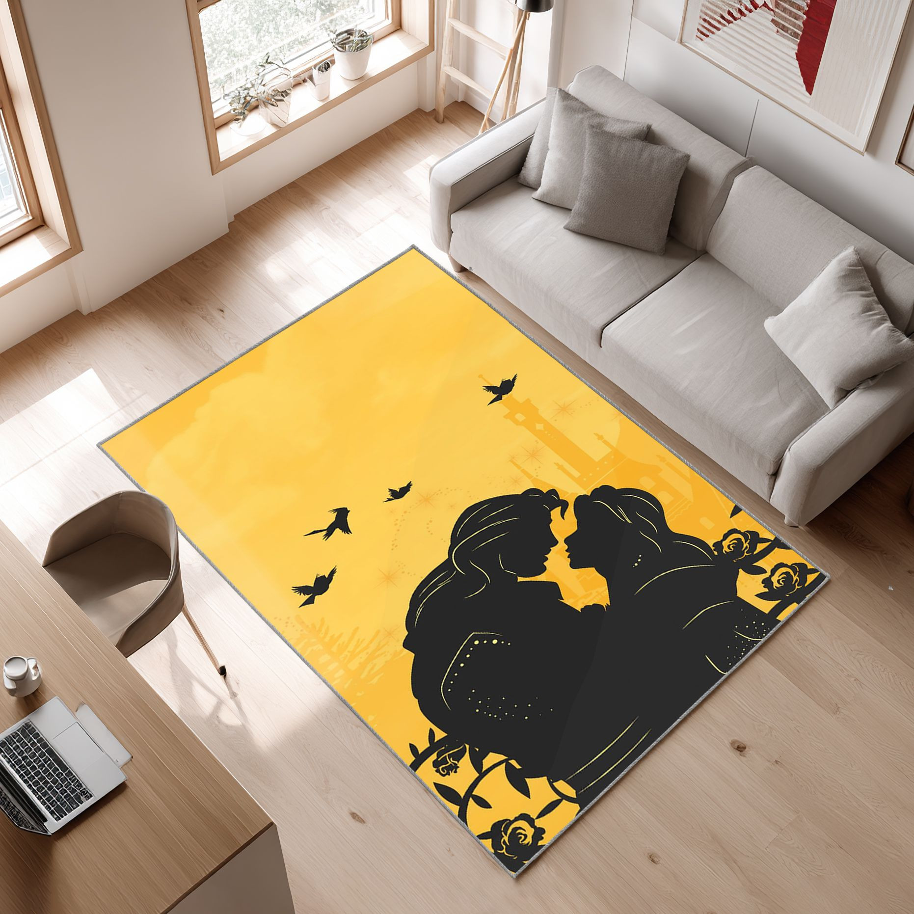 Disney Princess , Beast, Beauty Area Rug, Non-Slip Living Room Floor Mat, Soft Bedroom Carpet, Washable Home Decor