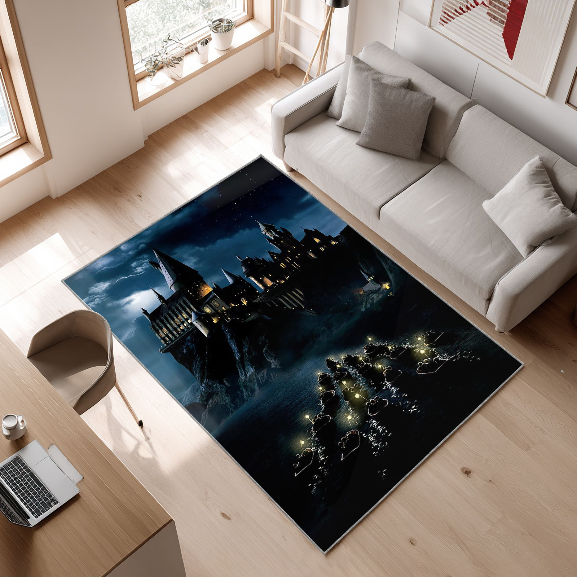 Harry Potter 1, Castle Area Rug, Non-Slip Living Room Floor Mat, Soft Bedroom Carpet, Washable Home Decor