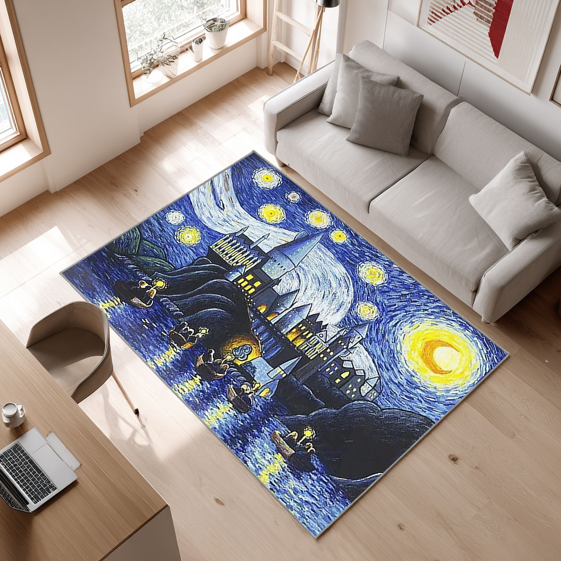 Harry Potter Hogwarts Starry Night Area Rug, Non-Slip Living Room Floor Mat, Soft Bedroom Carpet, Washable Home Decor