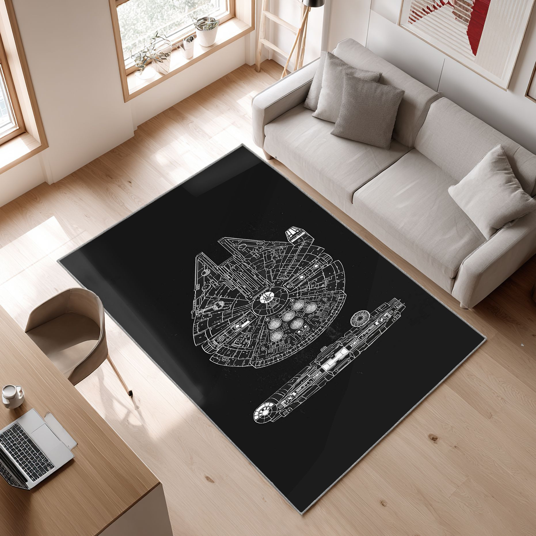 Millennium Falcon Bereich Schwarz Weis Star Wars Area Rug, Non-Slip Living Room Floor Mat, Soft Bedroom Carpet, Washable Home Decor
