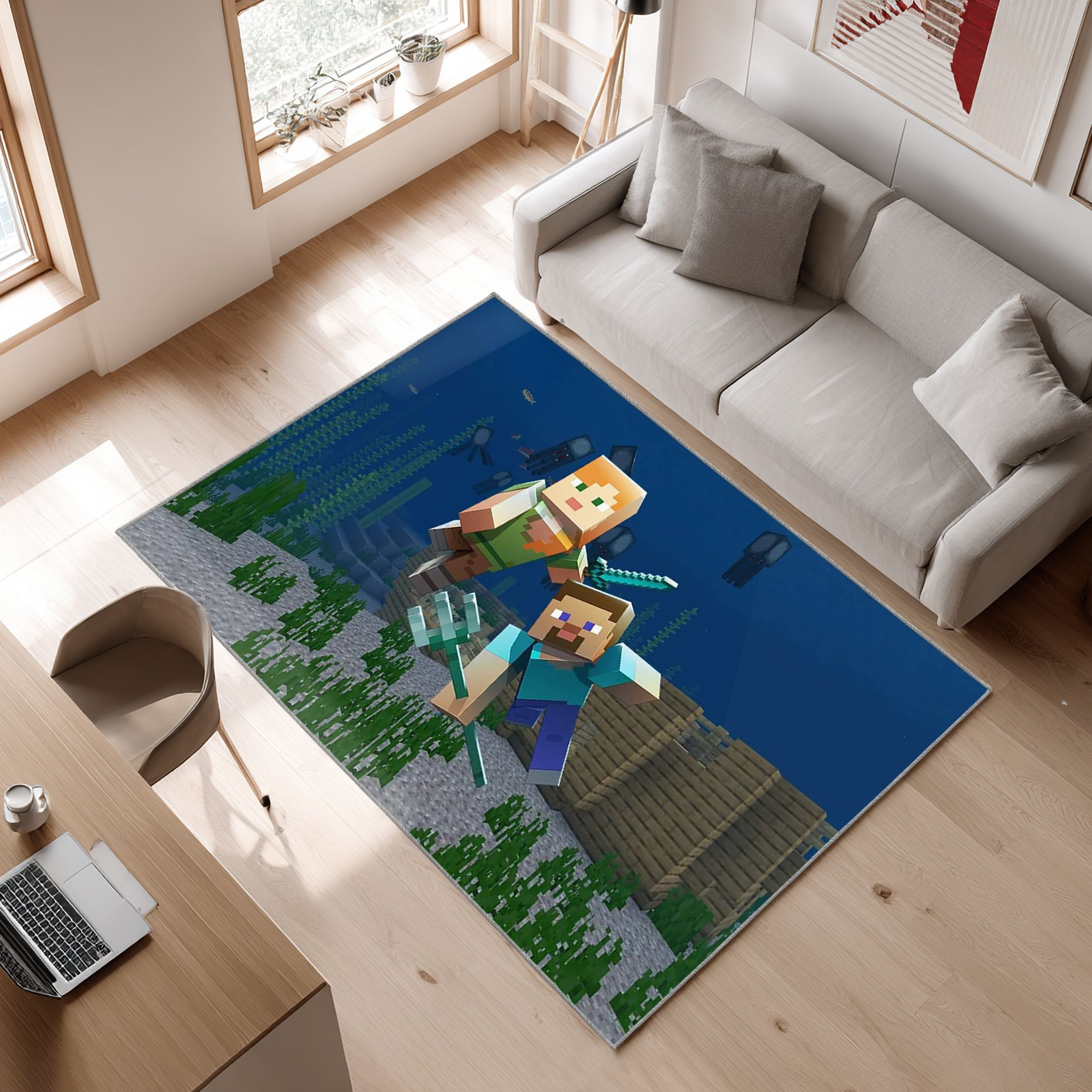 Underwater Minecraft Game Area Rug, Non-Slip Living Room Floor Mat, Soft Bedroom Carpet, Washable Home Decor